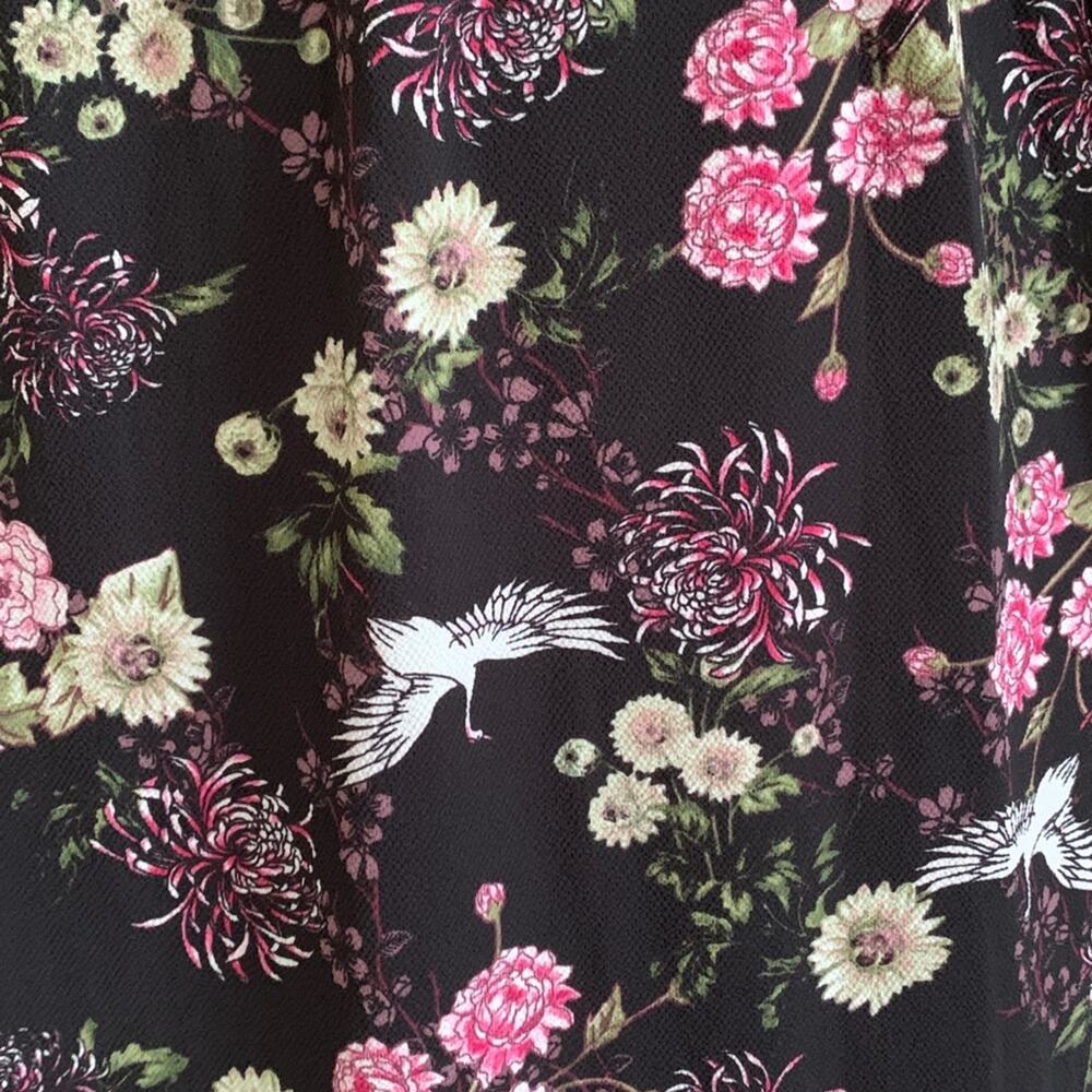 Kensie Dress Black Pink Floral Crane Motif Long Sleeve Cold Shoulder Large - Picture 14 of 15